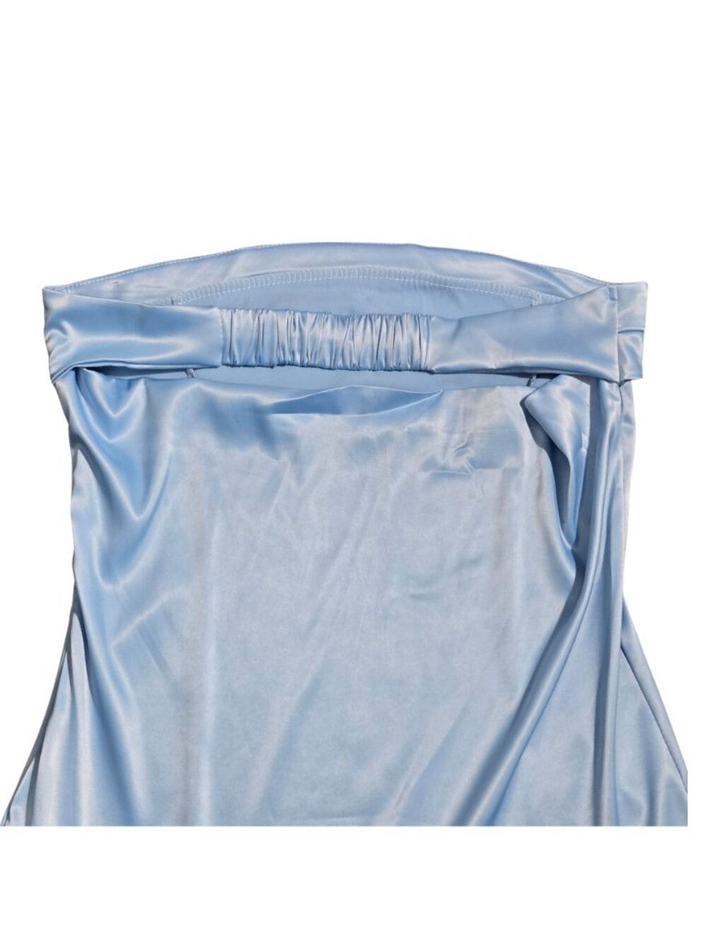 NWT | MTGGD | Powder Blue Satin Strapless Tiered Ruffle Hem Mini Dress | Large - Picture 4 of 7